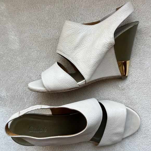 Chloe Estel Tan Leather Wedge Slingback Sandals Gold Accent Women’s EU 38 US 7.5 - Picture 12 of 16